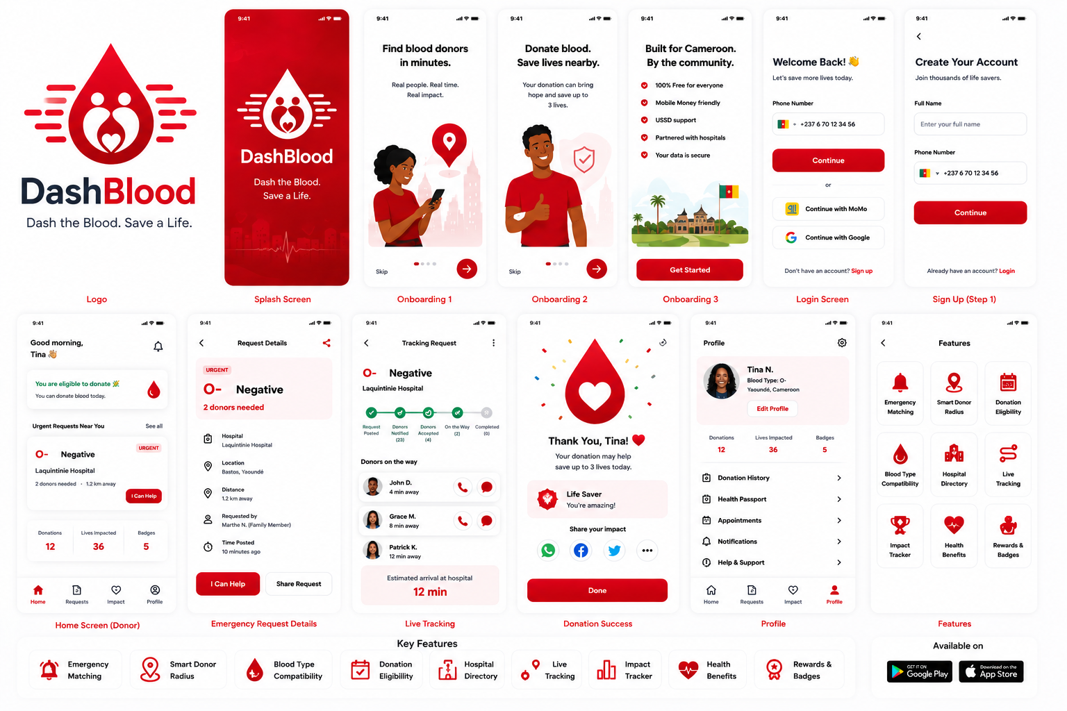 DashBlood mobile app screens